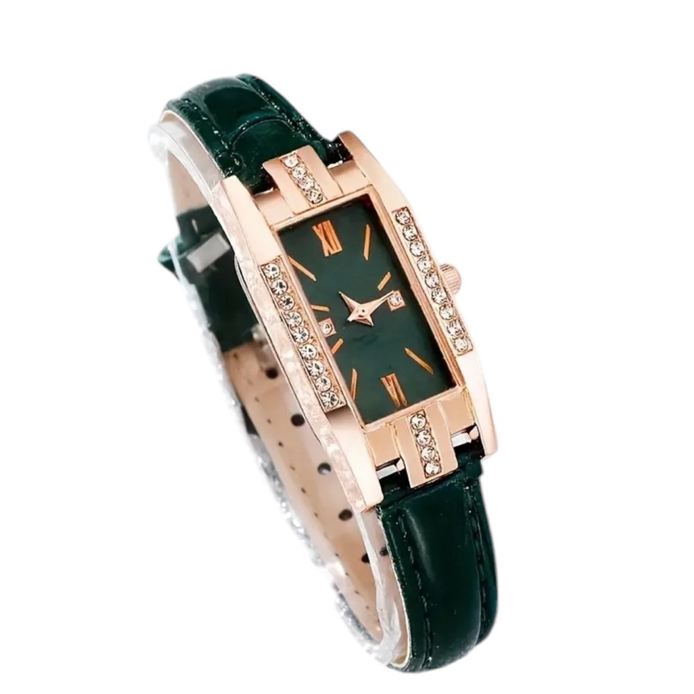 Rich Green Vegan Skin with Rhinestone Accented Quartz Watch